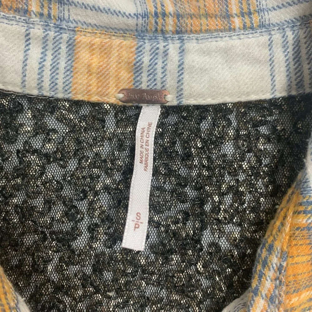 Free People Little Bit of Sugar Shirt Womens S Plaid Flannel Sequin Mesh Panel